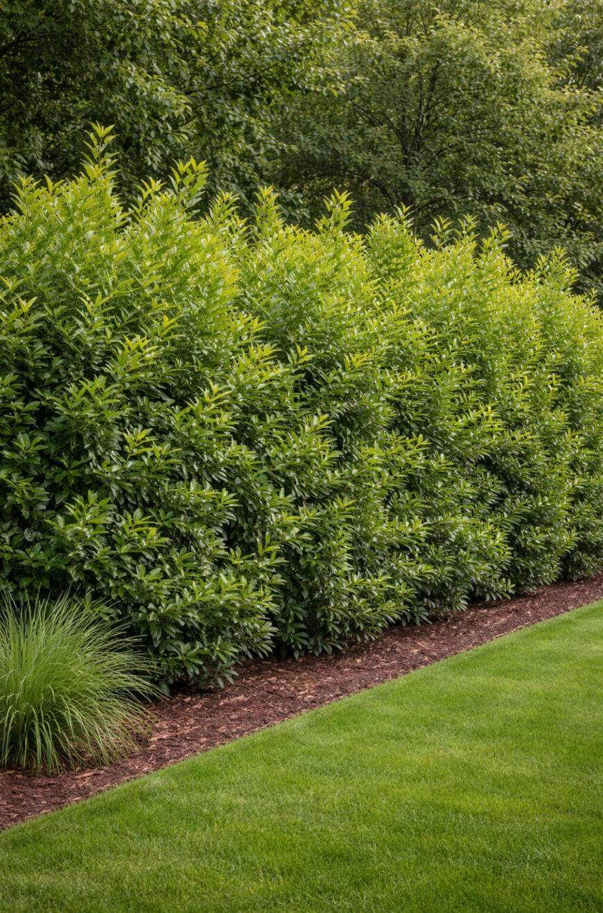 A neatly manicured lawn bordered by a row of dense green shrubs and mulched soil, with taller leafy trees in the background.