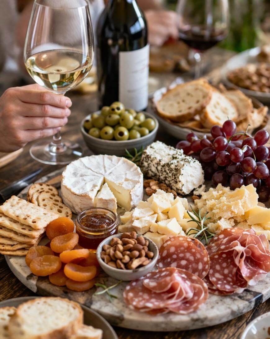 A charcuterie board with assorted cheeses, salami, grapes, olives, nuts, dried apricots, crackers, and bread. A person holds a glass of white wine beside the platter; another wine glass and bottle are in the background.