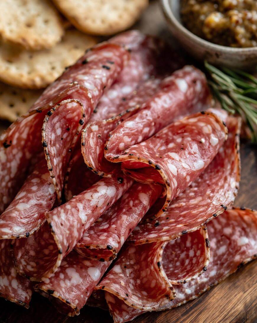 Thin slices of cured salami arranged on a wooden board, with crackers and a small bowl of relish in the background, garnished with a sprig of rosemary.