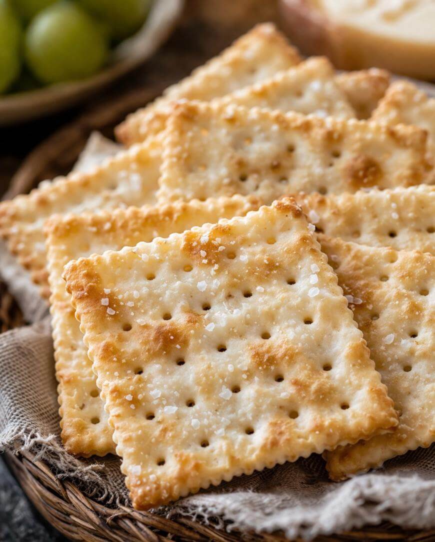 A close-up of a stack of square, golden-brown saltine crackers with visible salt crystals on top, arranged on a piece of cloth in a woven basket.