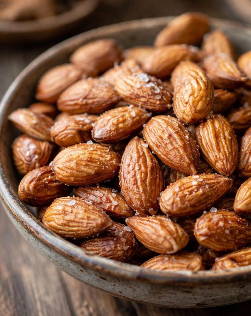 A close-up of a bowl filled with roasted almonds sprinkled with coarse sea salt, set on a wooden surface.
