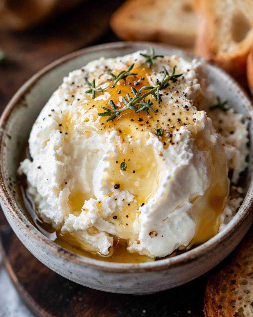 A bowl of whipped ricotta cheese topped with honey, cracked black pepper, and fresh herbs, served with slices of toasted bread on the side.