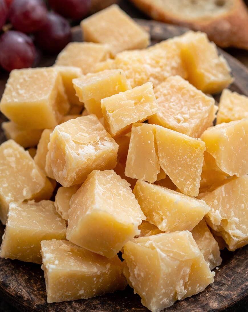Chunks of hard yellow cheese, likely Parmesan, piled on a wooden board with purple grapes and a piece of bread visible in the background.