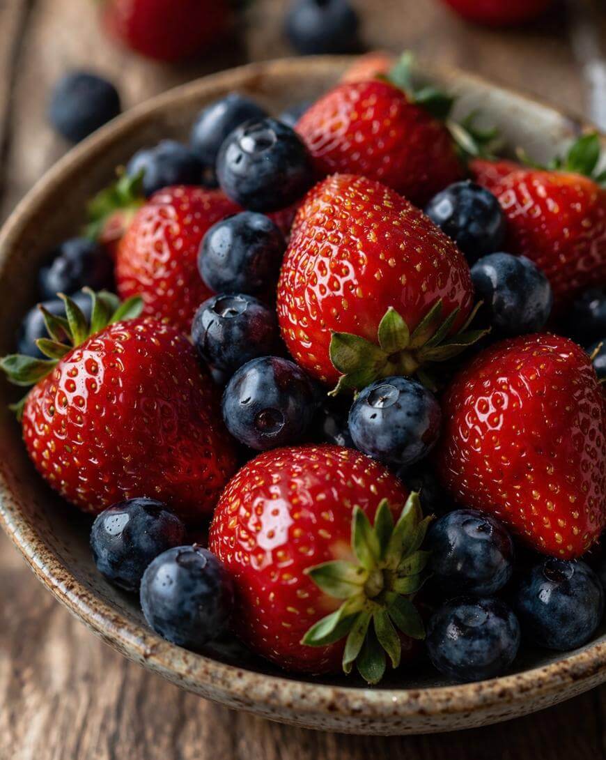 A ceramic bowl filled with fresh, ripe strawberries and blueberries sits on a wooden surface. The berries are vibrant, juicy, and glistening, showcasing their natural colors and textures.