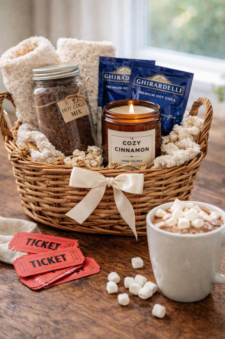A wicker basket holds towels, a jar of hot cocoa mix, Ghirardelli hot cocoa packets, a cinnamon candle, and popcorn. In front are red tickets, a mug of hot chocolate with marshmallows, and a few marshmallows scattered nearby.