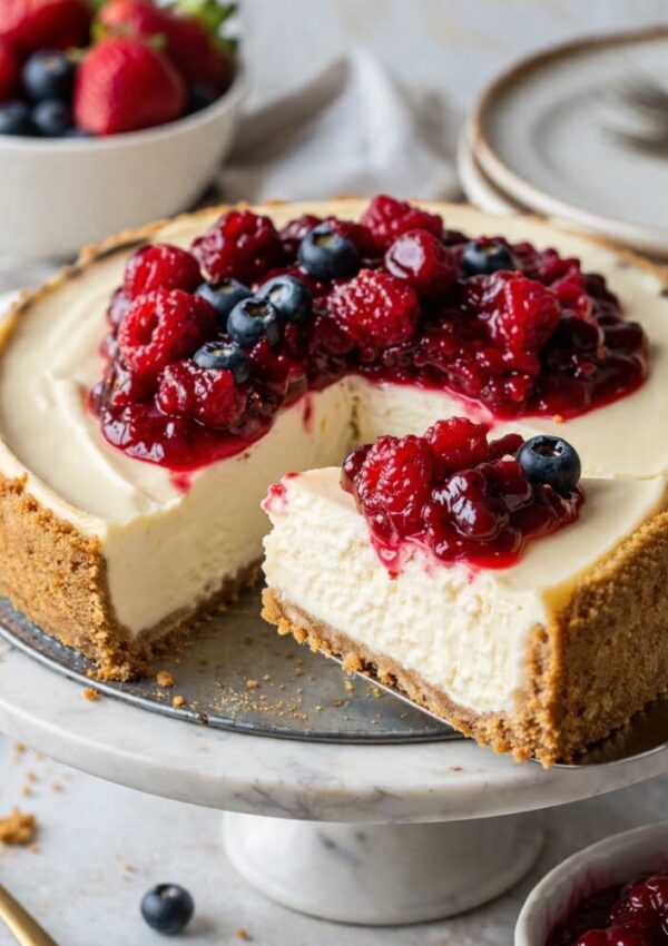 A creamy cheesecake with a graham cracker crust is topped with mixed berries and berry sauce. A slice has been cut and slightly pulled out. Fresh strawberries and plates are visible in the background.