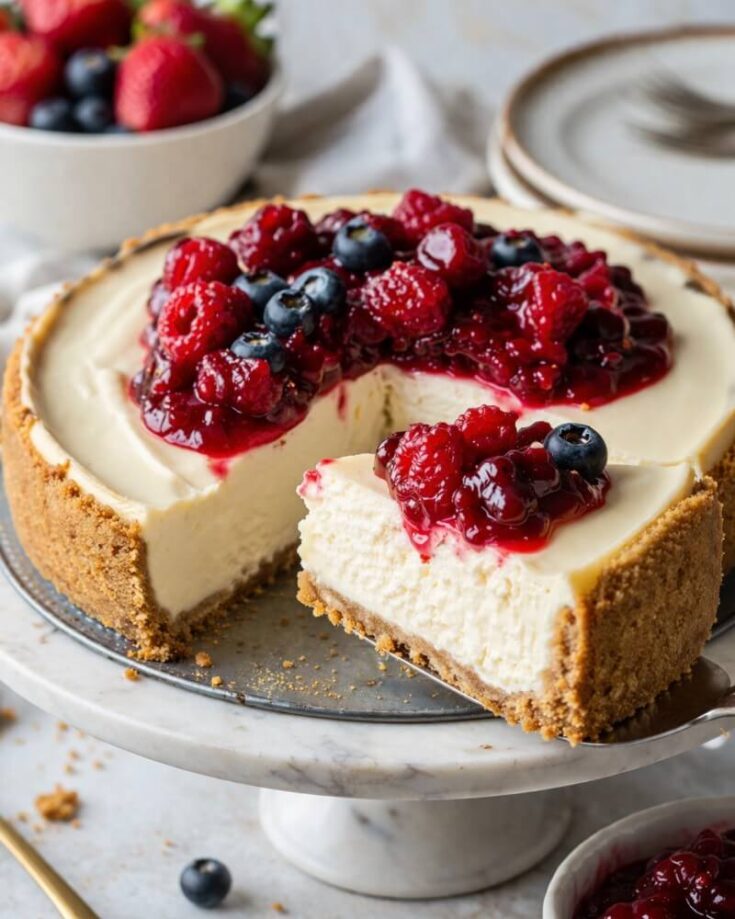A creamy cheesecake with a graham cracker crust is topped with mixed berries and berry sauce. A slice has been cut and slightly pulled out. Fresh strawberries and plates are visible in the background.