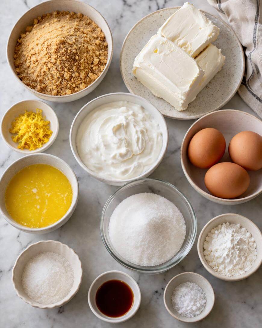 A top-down view of bowls containing cheesecake ingredients: graham cracker crumbs, cream cheese, lemon zest, sour cream, eggs, melted butter, granulated sugar, vanilla extract, salt, and cornstarch on a marble surface.