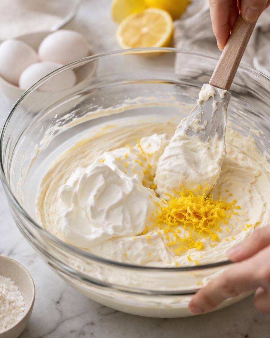 A hand uses a spatula to mix whipped cream and lemon zest into a creamy batter in a glass bowl. Nearby are eggs, a bowl of flour, and a sliced lemon on a marble countertop.