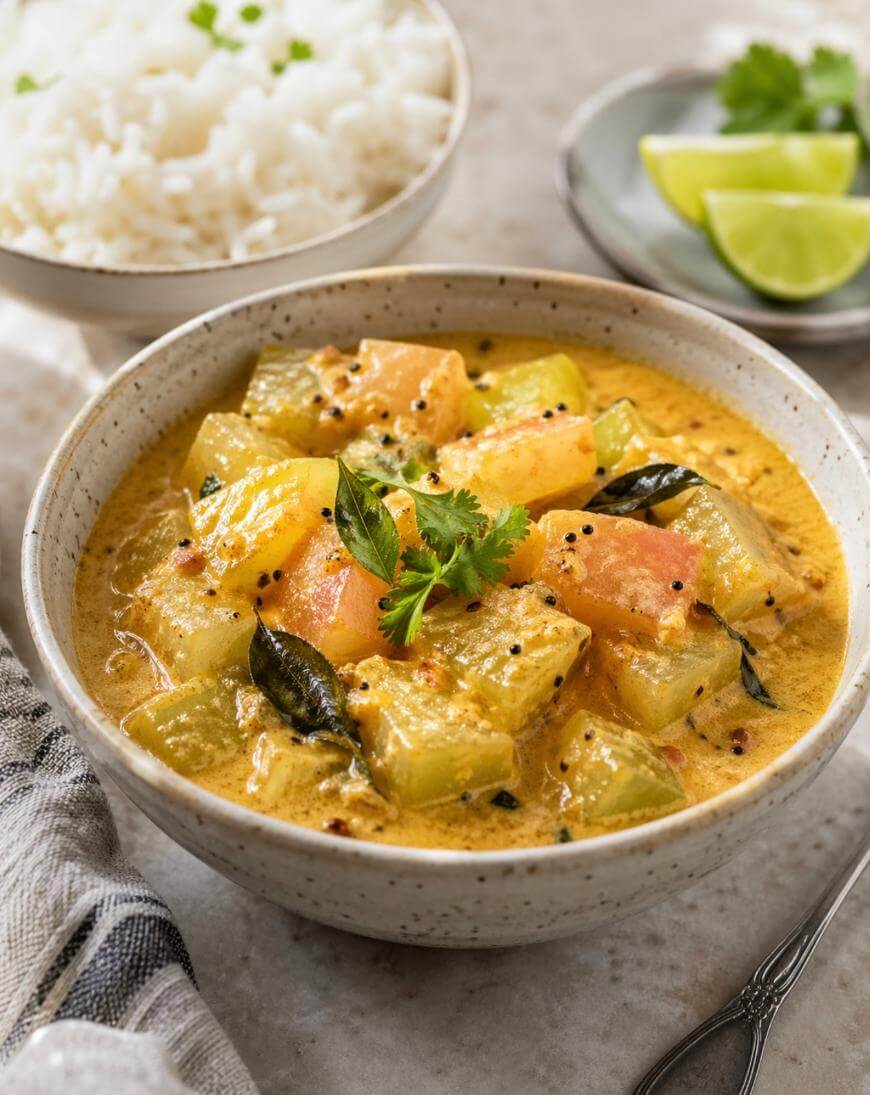 A bowl of yellow curry with chunks of vegetables, garnished with cilantro and curry leaves, sits next to a bowl of white rice and a plate with lime wedges and greens.