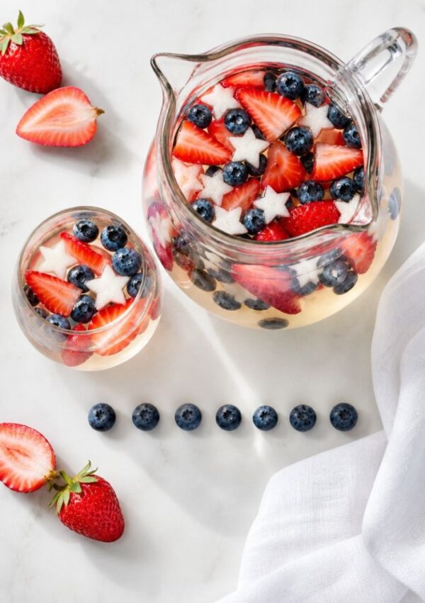 A glass pitcher and glass filled with a 4th of July drink featuring sliced strawberries, blueberries, and white star-shaped fruit pieces, set on a white surface with scattered berries and a white napkin—perfect for unforgettable party drinks.