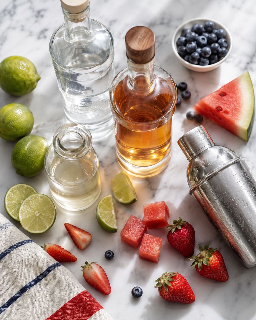 Bottles of clear and amber liquids, a cocktail shaker, limes, watermelon, strawberries, blueberries, and a striped towel arranged on a marble surface. Some fruit pieces are sliced and scattered.