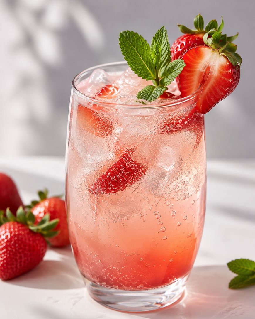 A glass of sparkling strawberry drink with ice cubes, garnished with fresh strawberry halves and a sprig of mint. More strawberries and mint leaves are placed on the white surface nearby.