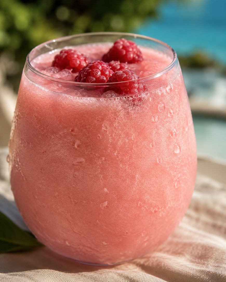 A close-up of a frosty pink smoothie in a round glass, topped with fresh raspberries. The background is bright and blurred, suggesting a sunny outdoor setting near a pool or beach.