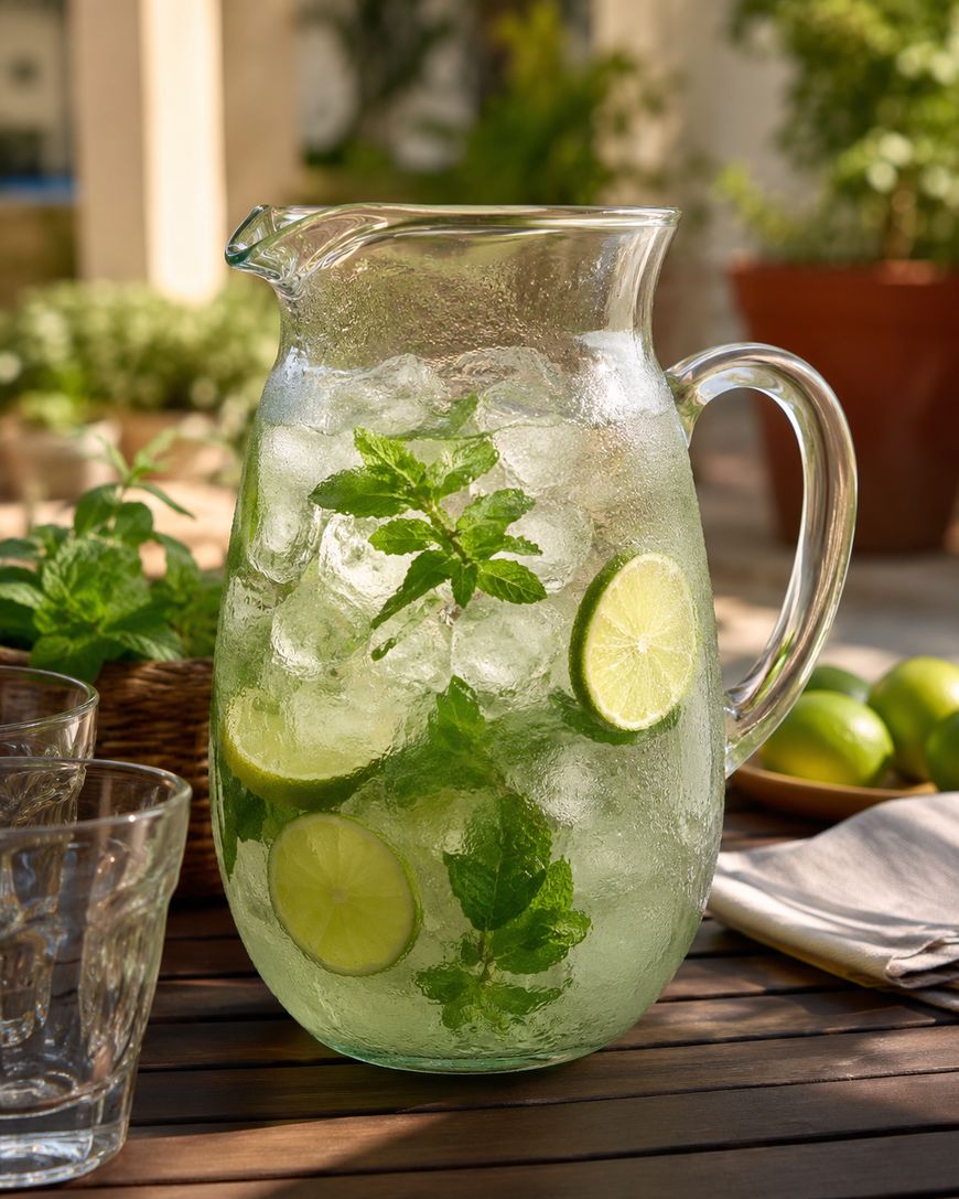 A glass pitcher filled with ice, lime slices, and fresh mint leaves sits on a wooden table outdoors, with two empty glasses nearby and green plants blurred in the background.