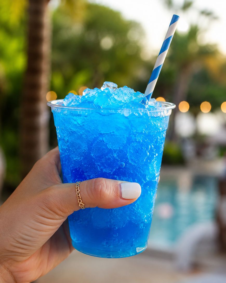 A hand with manicured nails holds a clear cup filled with bright blue crushed ice and a blue-and-white striped straw, with a blurred background of a pool and palm trees.