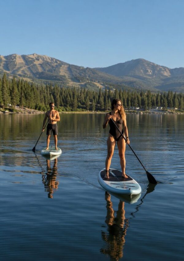 Two people paddleboarding on a calm lake surrounded by trees, with mountains in the background under a clear blue sky—an ideal mountain getaway in Big Bear, California.