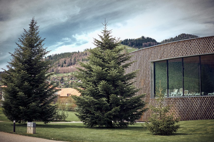 Modern building with a patterned facade and large window, surrounded by green lawns and pine trees, with hills and cloudy sky in the background.