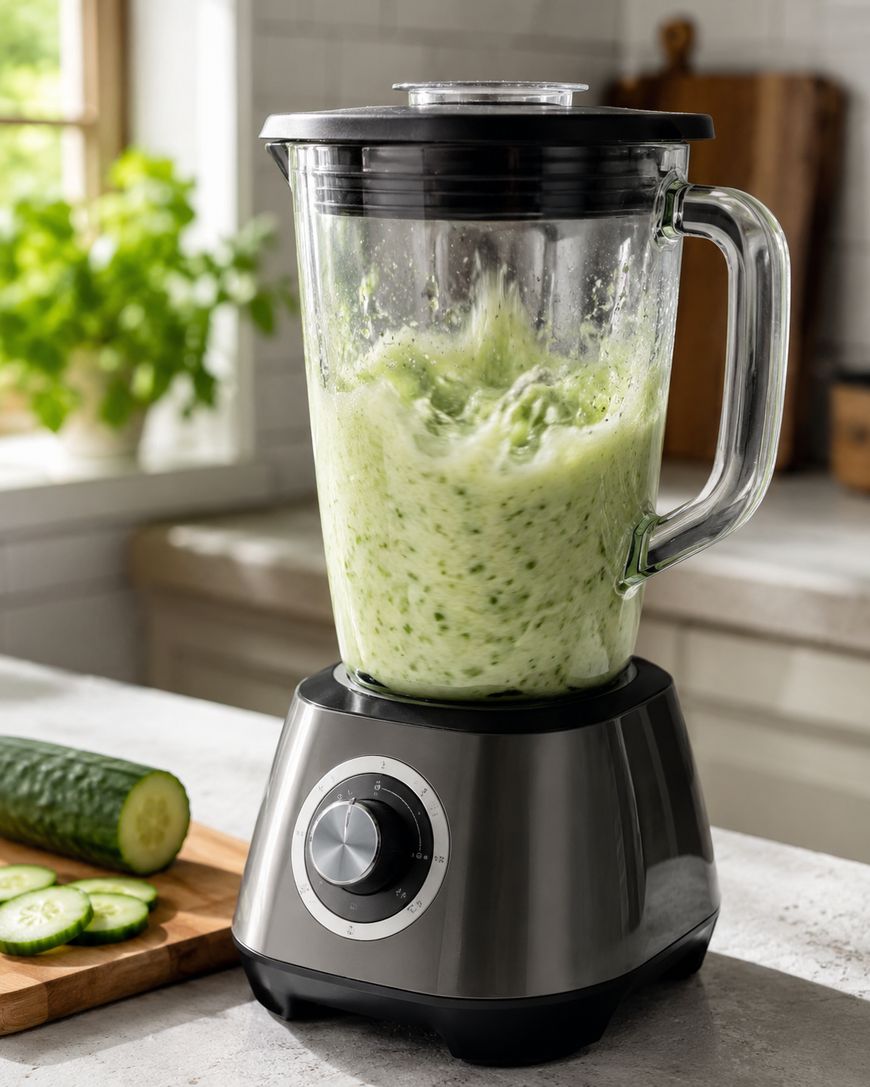 A blender on a kitchen counter blends a pale green mixture. Next to it is a cutting board with a sliced cucumber. The kitchen has a bright, natural light and a plant visible by the window in the background.