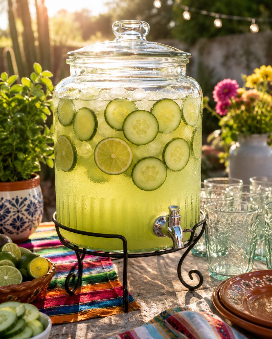 A large glass beverage dispenser filled with cucumber lime water sits on a stand outdoors, surrounded by glasses, fresh limes, potted plants, flowers, and a colorful striped tablecloth in sunlight.