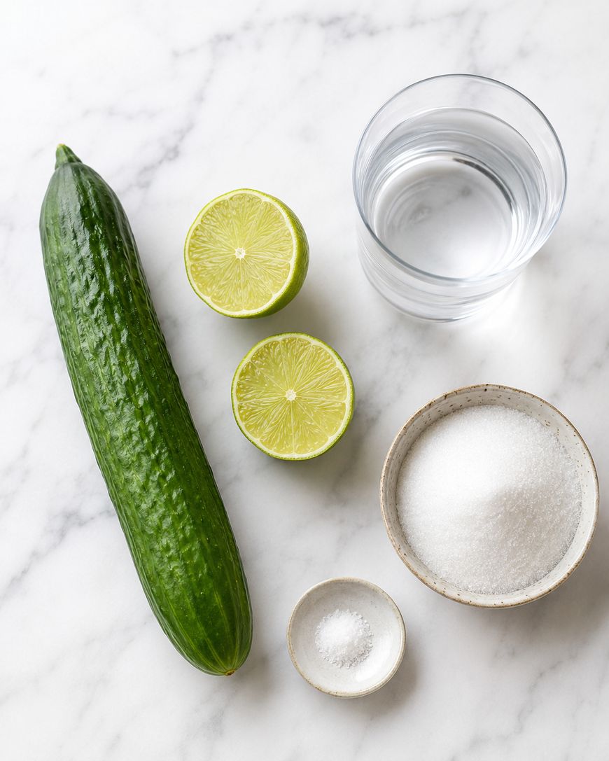 A whole cucumber, two lime halves, a glass of water, a bowl of sugar, and a small dish of salt are arranged on a white marble surface.