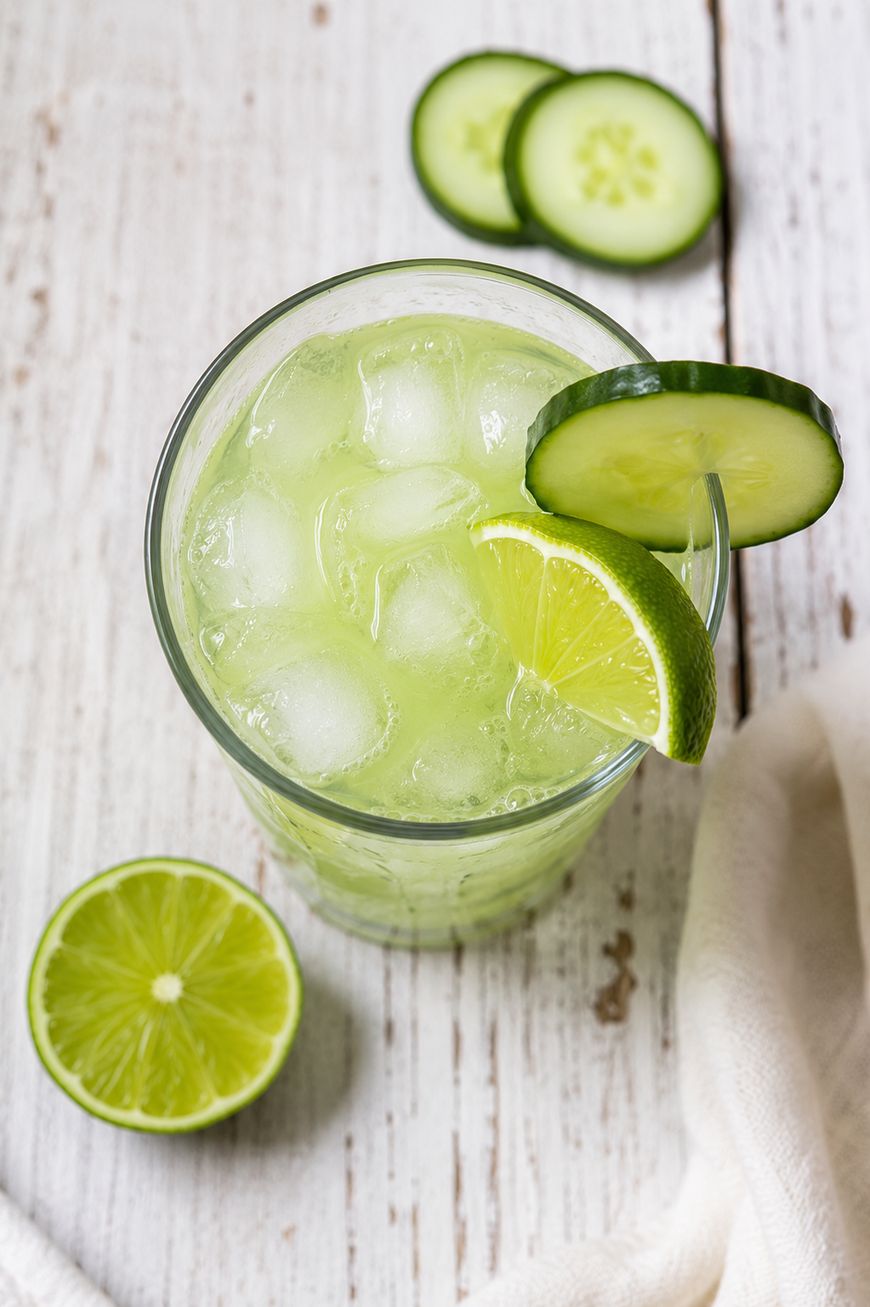A glass of iced green beverage garnished with a lime wedge and cucumber slices, sits on a rustic white wooden surface with additional lime and cucumber slices nearby.