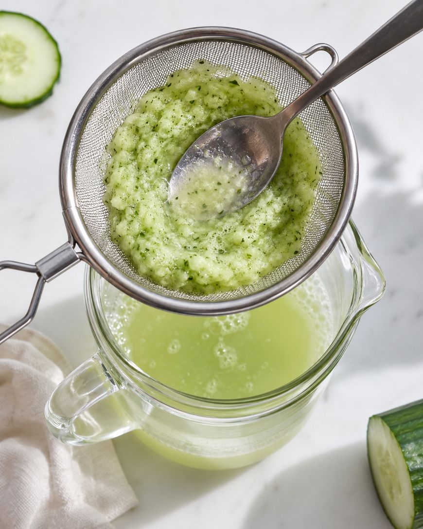 A metal strainer containing mashed cucumber is held above a glass pitcher, with a spoon pressing the mixture to extract juice. Slices of cucumber and a white napkin are nearby on a white surface.
