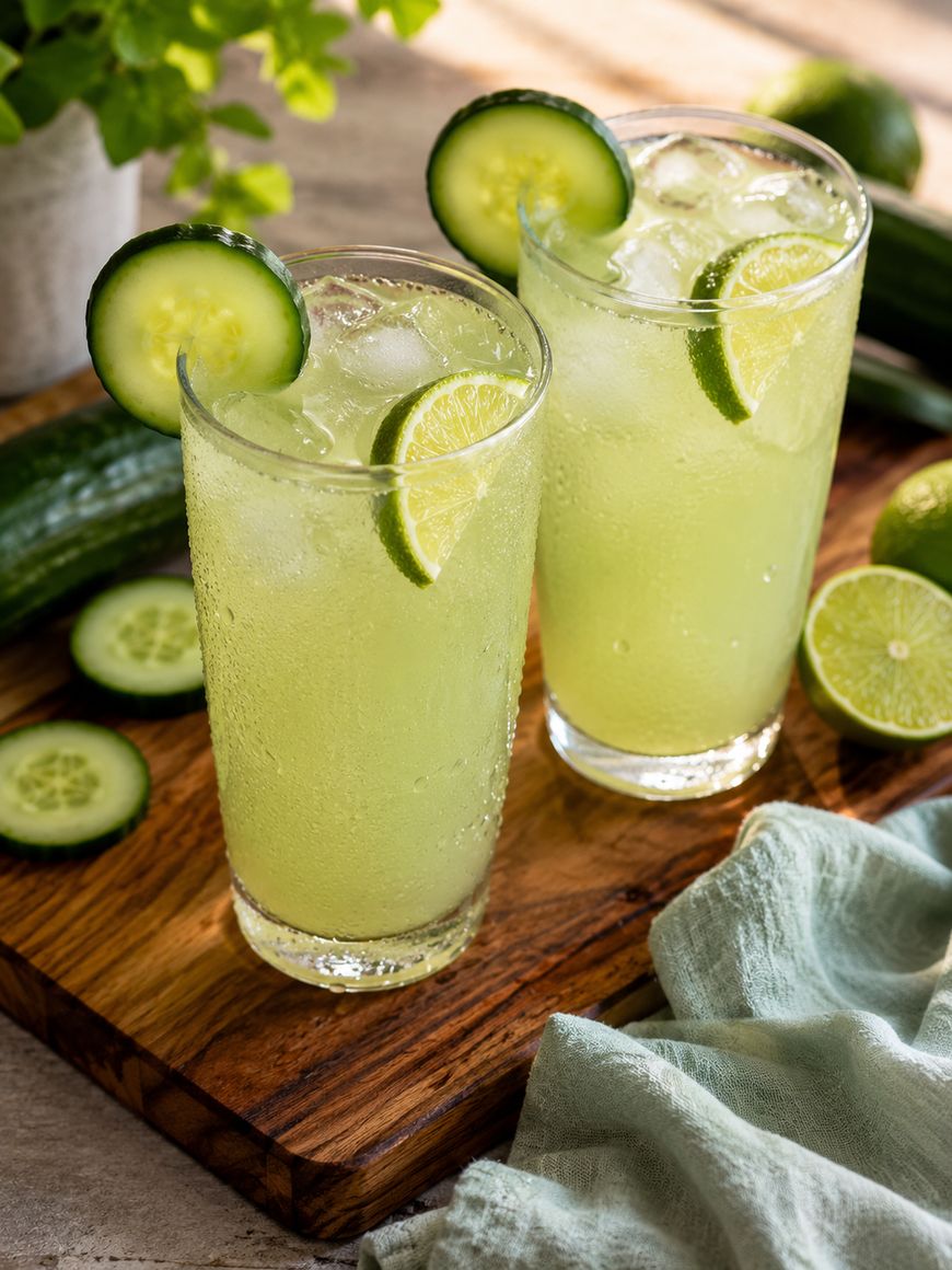 Two tall glasses of a light green, fizzy drink with ice, garnished with lime and cucumber slices, are placed on a wooden board with fresh cucumbers, lime halves, and a light green napkin nearby.