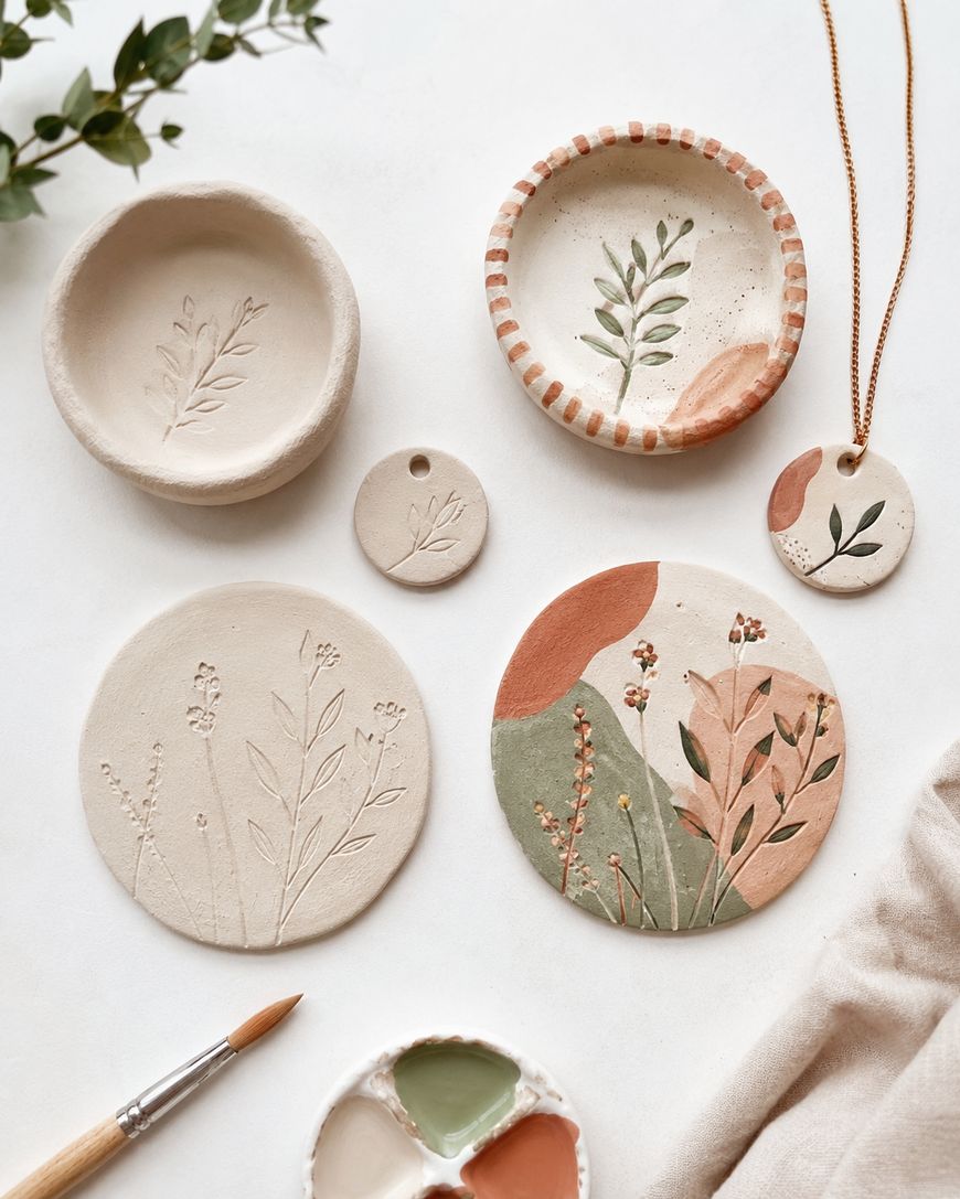 Handcrafted ceramic dishes and pendants with botanical designs, painted in earthy tones of green, rust, and beige. A paintbrush, paint palette, and leafy branch are arranged around the ceramics on a white surface.