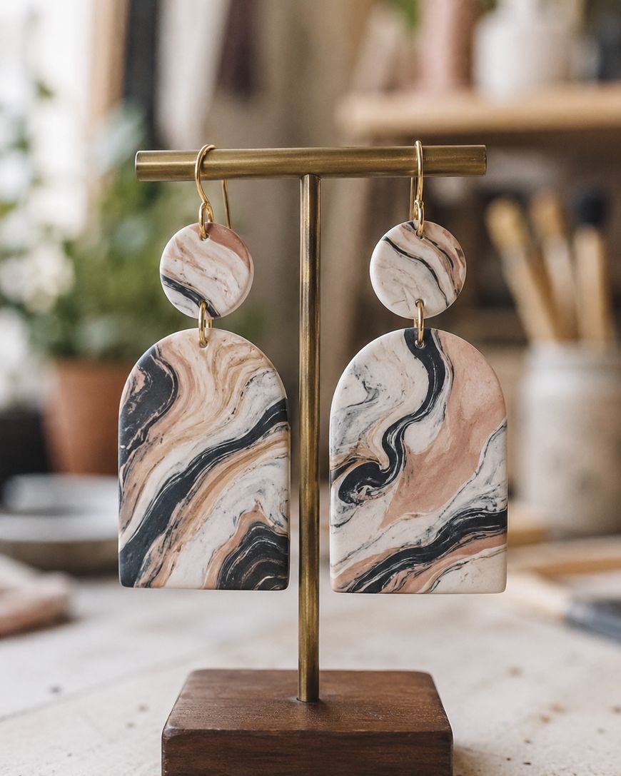 A pair of handmade earrings with abstract marbled patterns in black, white, and peach tones hang on a gold stand. The earrings have round tops and arched, rectangular bottoms. The background is softly blurred.