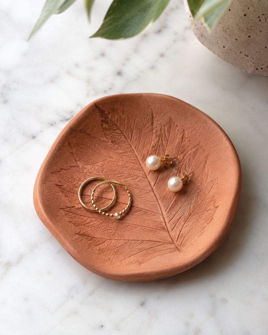A terracotta dish with a leaf imprint holds two gold rings and a pair of pearl stud earrings, sitting on a marble surface next to a potted plant.