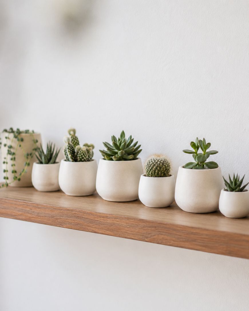 A row of small succulents and cacti in white ceramic pots sits on a wooden shelf against a white wall.