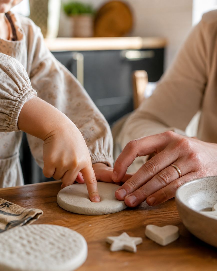 A child presses their finger into a round piece of dough while an adult gently guides their hand. Various shapes of dough and a bowl are on the wooden table. The scene looks warm and cozy, suggesting a family activity.