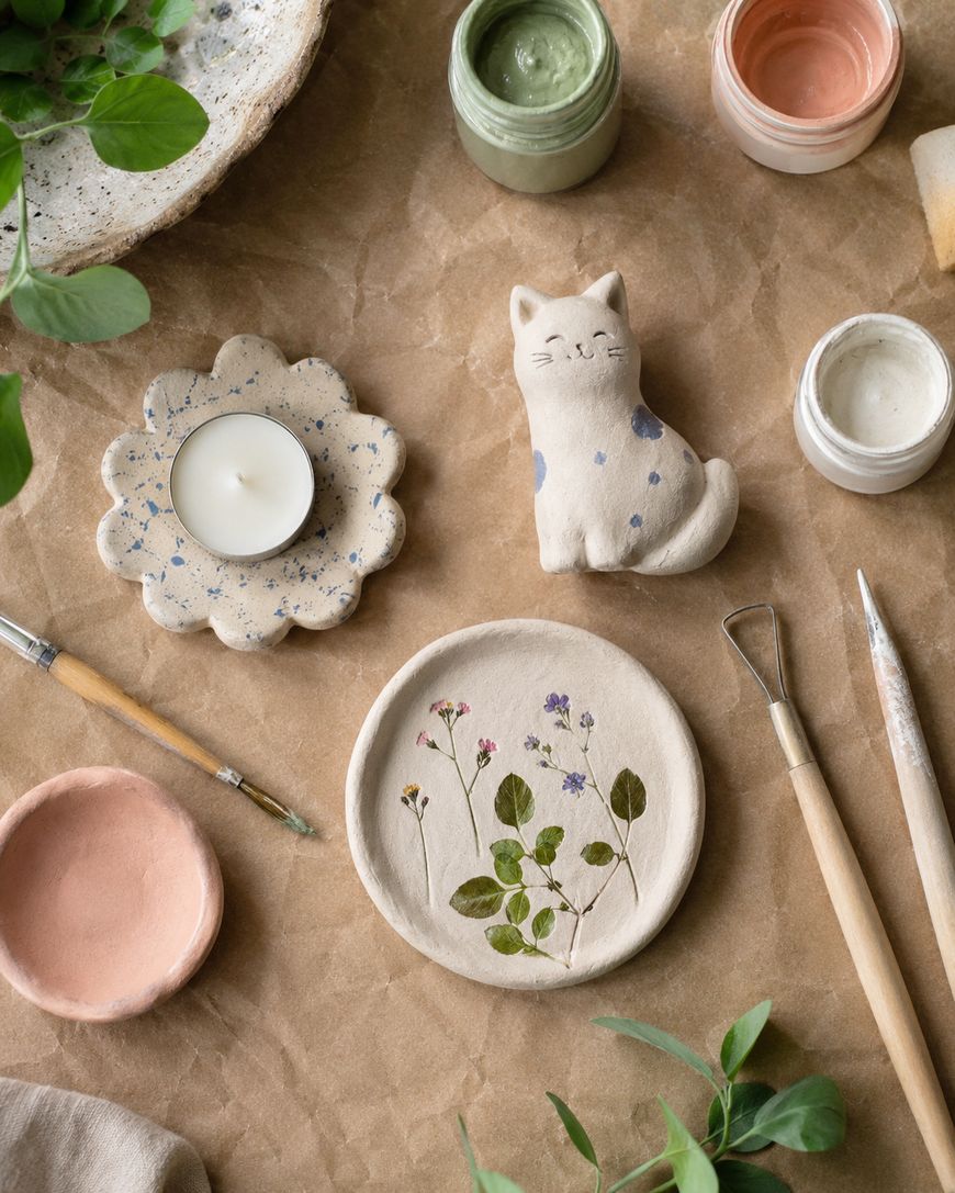 A flat lay of pottery tools, paint jars, a candle in a speckled holder, a small cat-shaped clay figure, a plate with pressed flowers, and green plants on a brown paper surface.