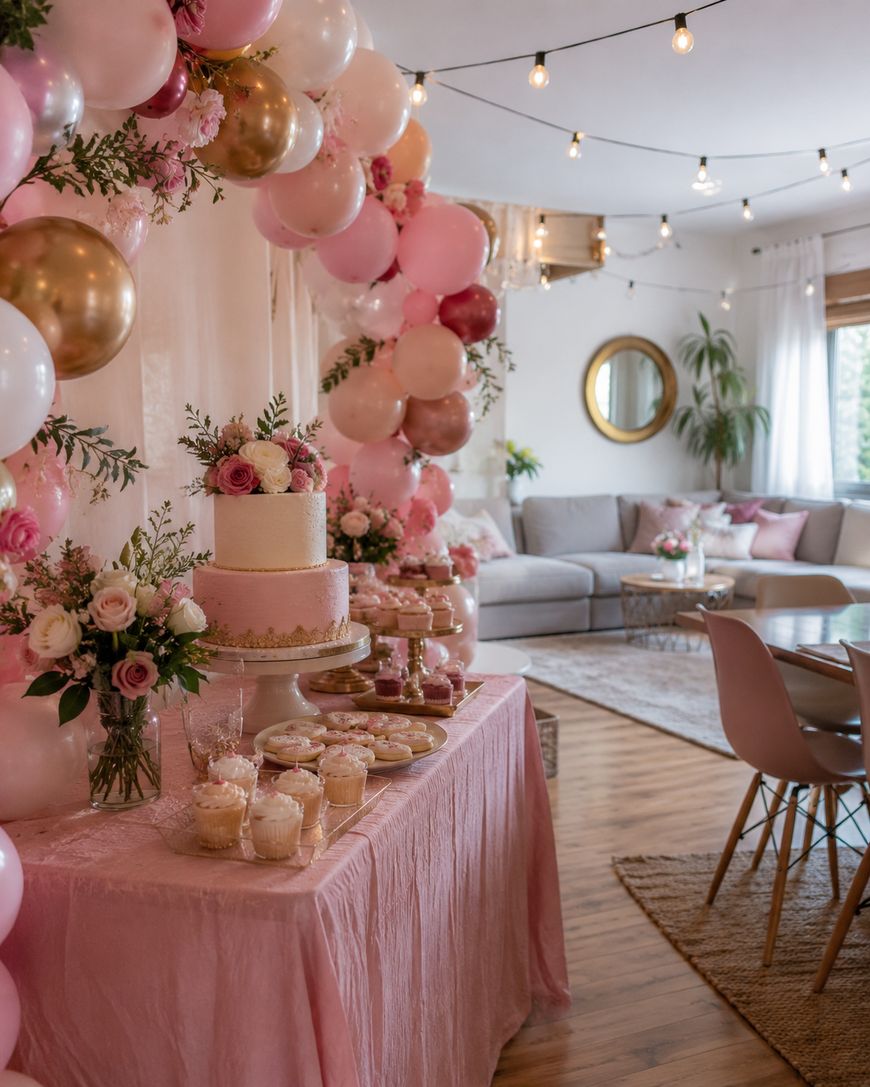 A decorated living room set up for a celebration, featuring a pink tablecloth with desserts, a floral cake, pink and gold balloons, flower arrangements, and string lights. A cozy seating area is visible in the background.