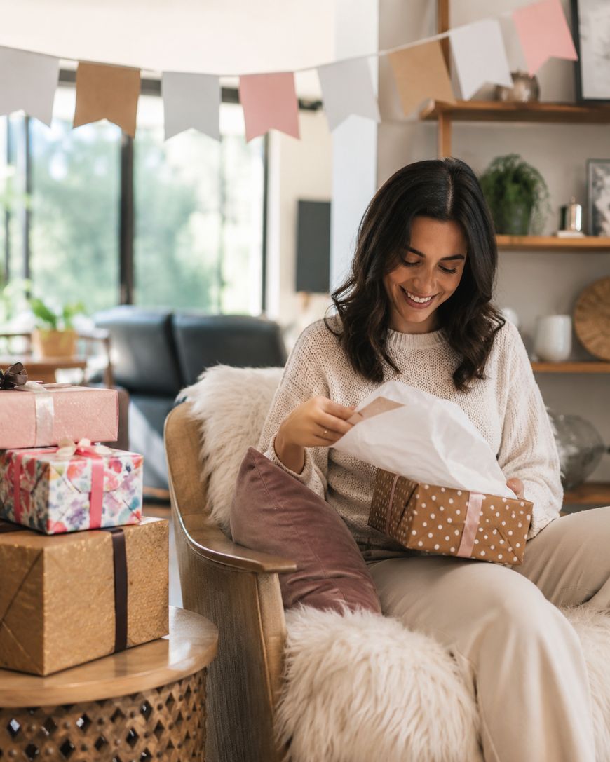 A woman sitting in a cozy living room smiles as she opens a polka-dotted gift box. Wrapped presents are stacked on a side table nearby, and decorative bunting hangs in the background.