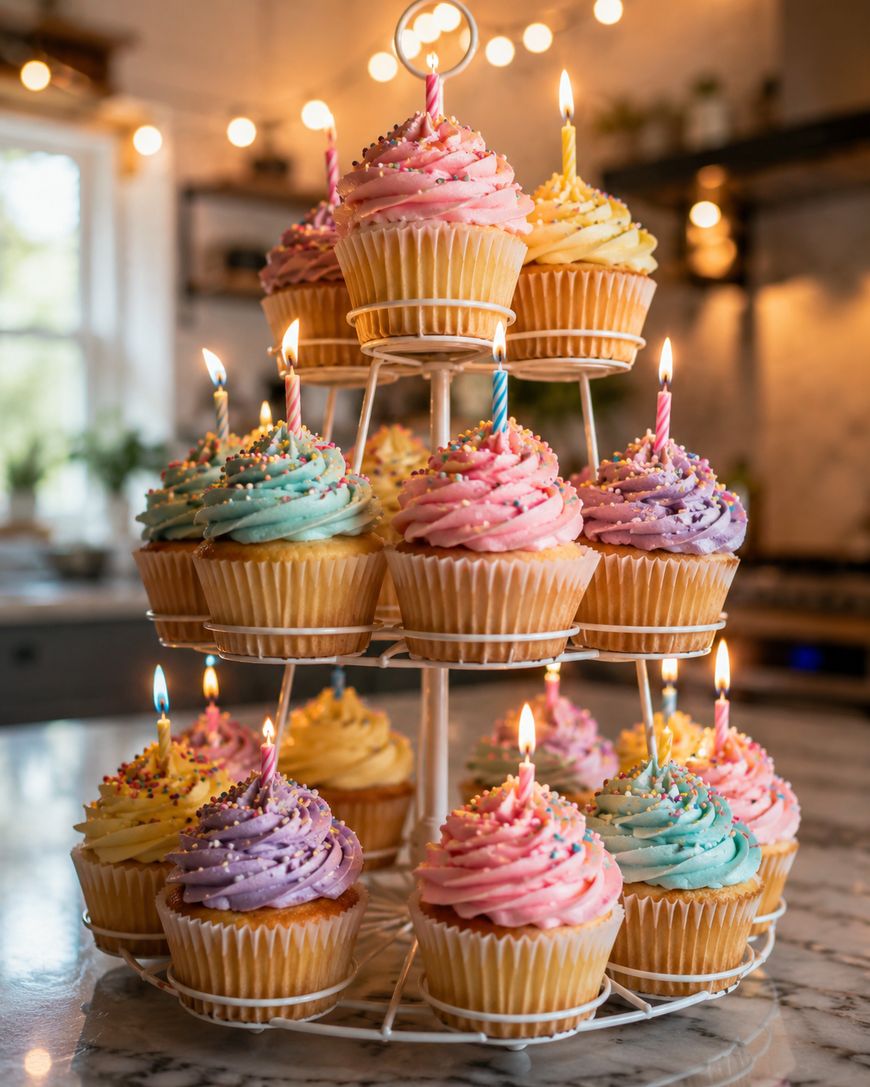 A tiered cupcake stand holds colorful cupcakes with swirled frosting, sprinkles, and lit candles, set on a marble counter in a warmly lit kitchen.