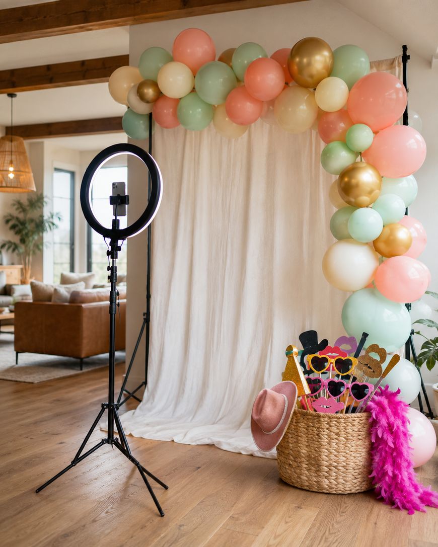 A photo booth setup with a ring light, a white curtain backdrop decorated with pastel and gold balloons, and a basket filled with fun photo props like hats, glasses, and a pink feather boa in a modern living room.