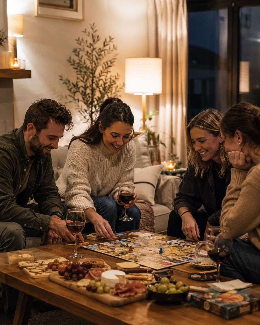 Four friends sit around a coffee table playing a board game in a cozy living room with warm lighting, snacks, and wine glasses. They are smiling and enjoying each other’s company.