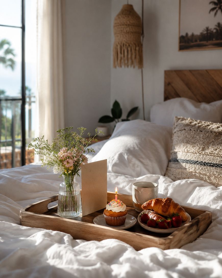 A wooden tray on a cozy bed holds a vase of flowers, a card, a cupcake with a lit candle, a croissant, strawberries, and a cup of coffee. Sunlight streams in through a window, creating a warm morning atmosphere.