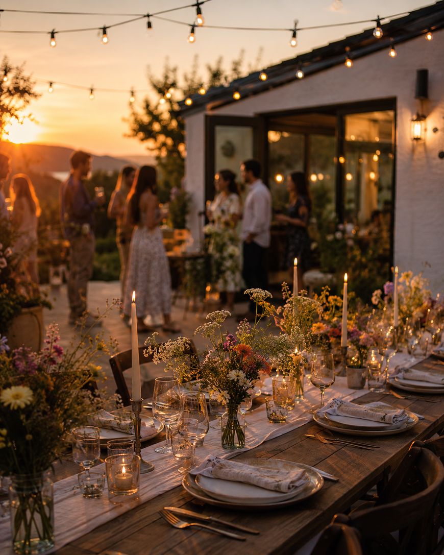 A beautifully set outdoor dinner table with flowers and candles at sunset, with people socializing in the background under string lights near a house.