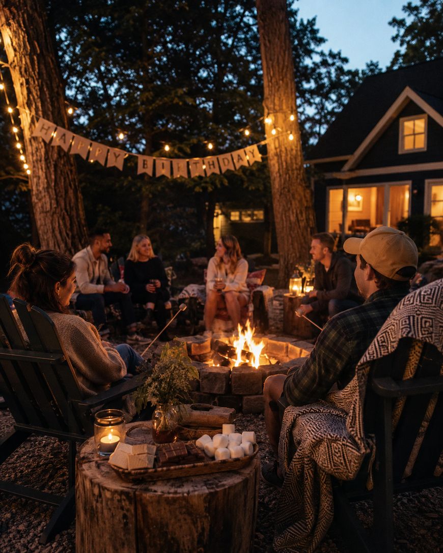 A group of people sit around a campfire in a backyard at dusk, roasting marshmallows. String lights and a “Happy Birthday” banner hang between trees. A house is lit in the background. Snacks and drinks are on a table nearby.