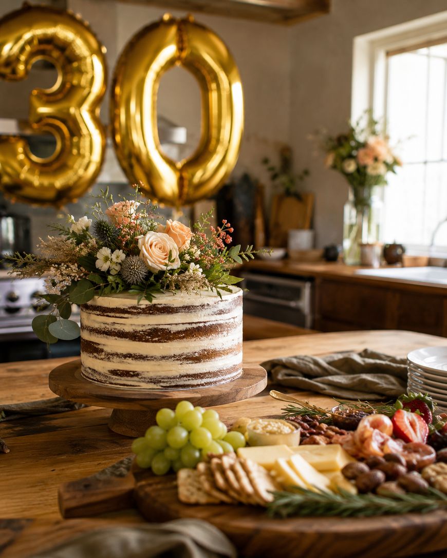 A rustic kitchen scene with a naked cake topped with flowers on a wooden stand, a charcuterie board with grapes, cheese, and crackers, and large gold 30 balloons in the background.