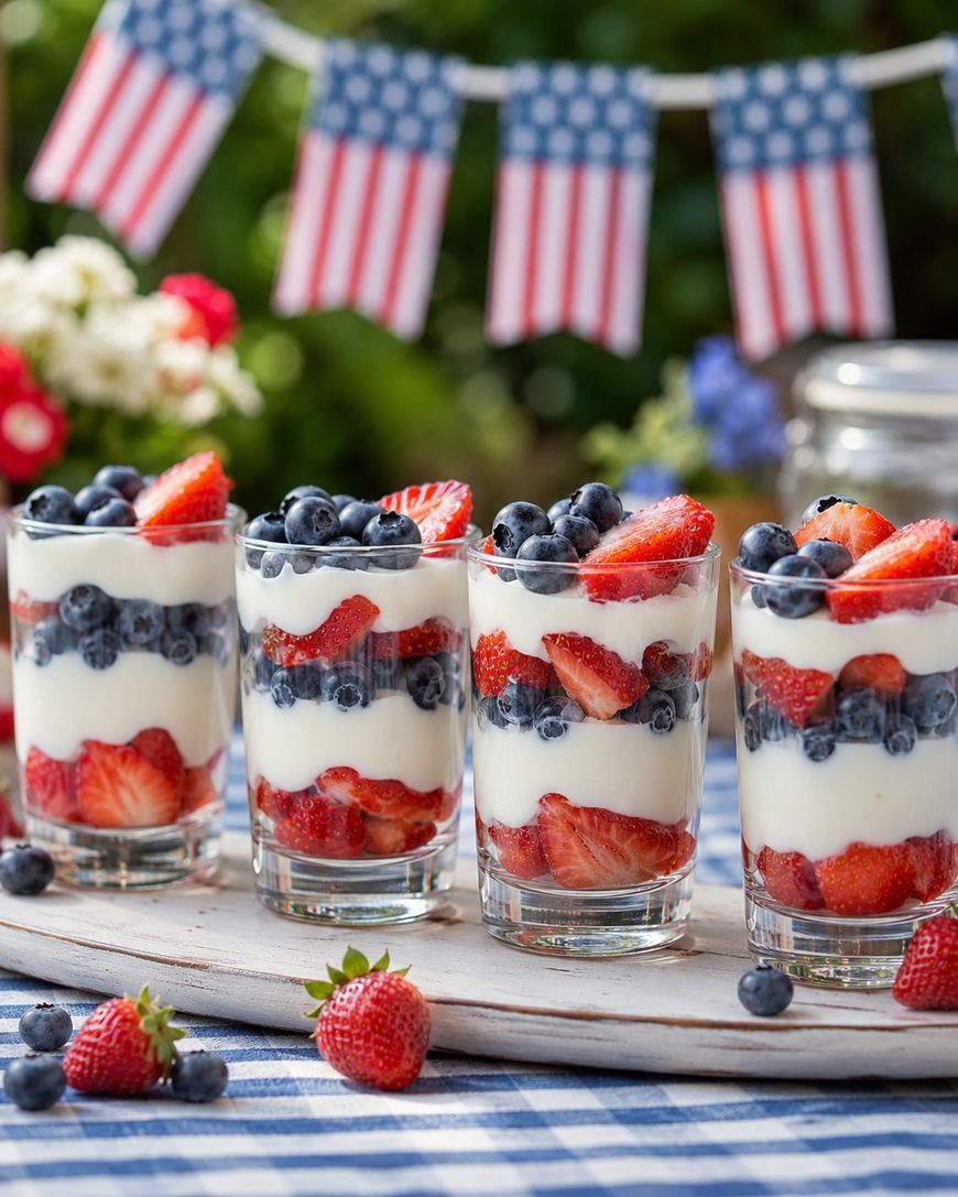 Four glasses of layered parfaits with strawberries, blueberries, and yogurt sit on a wooden tray. A blue checkered tablecloth and small American flag banners decorate the background.