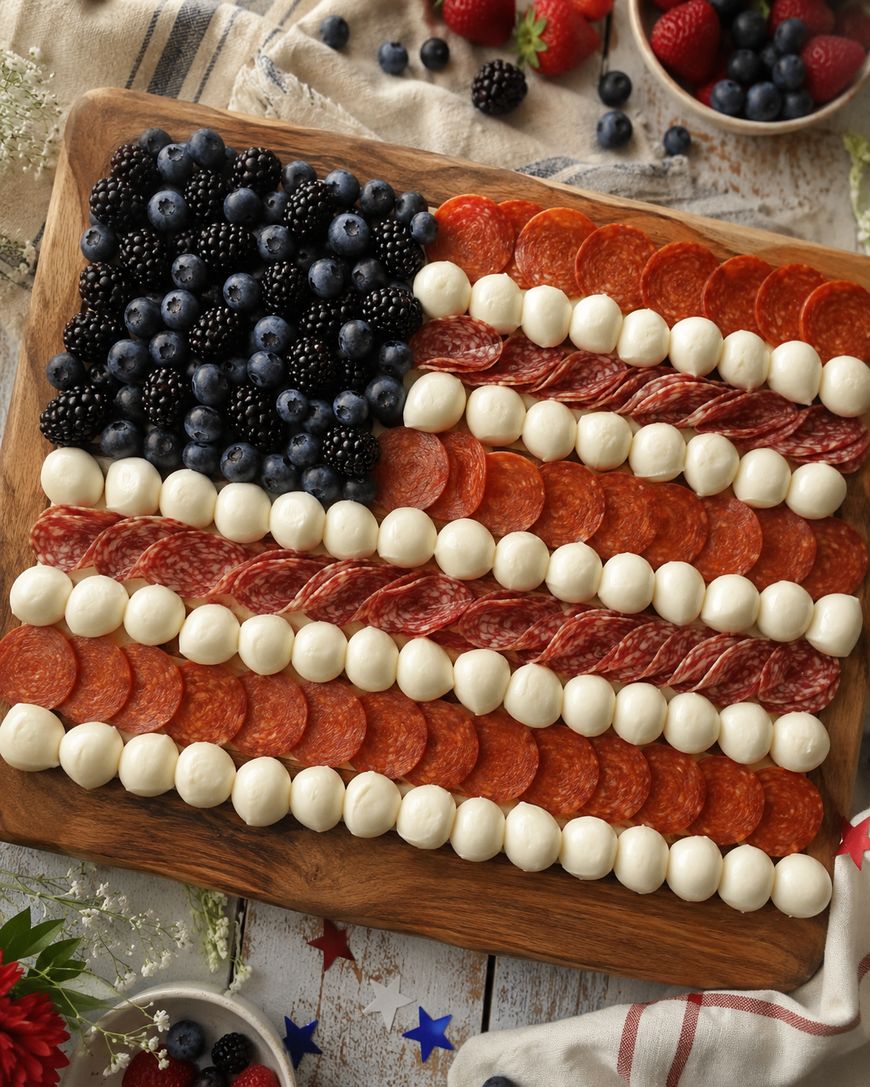 A charcuterie board arranged as the American flag, with blueberries and blackberries as the blue field, mozzarella balls as white stripes, and rows of pepperoni and salami as red stripes, surrounded by scattered berries.