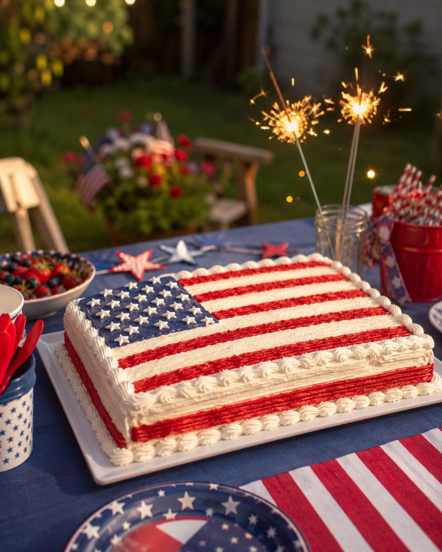 A rectangular cake decorated as the American flag sits on a table set for a celebration, with sparklers, patriotic tableware, and small American flags in the background.