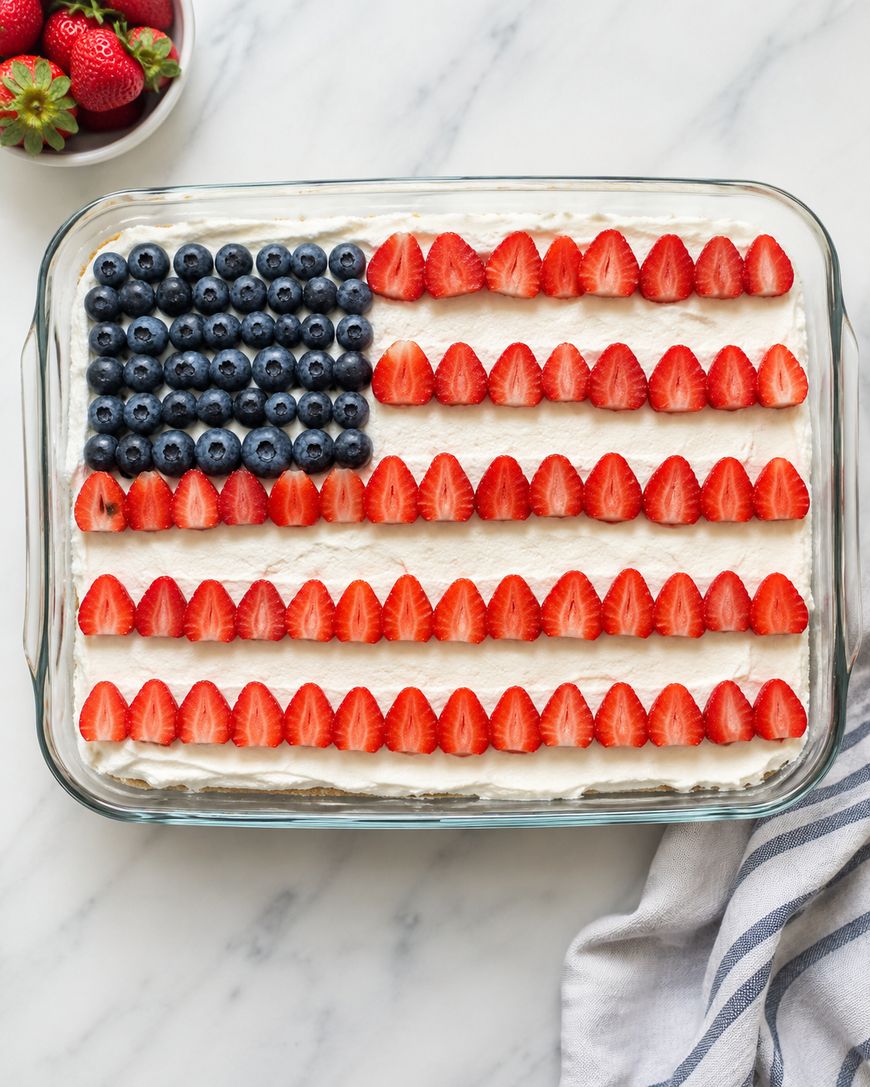 A rectangular cake decorated to look like the American flag, with blueberries forming a square in the top left corner and rows of sliced strawberries and white frosting creating the stripes. A bowl of strawberries is nearby.