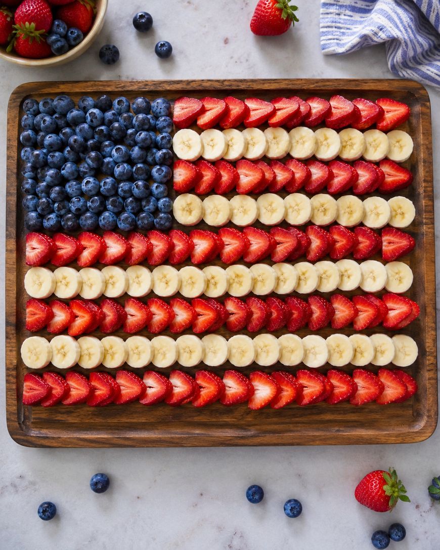 A wooden tray displays an American flag made with blueberries for the stars, and rows of sliced strawberries and bananas for the stripes. Extra fruit and a blue-striped towel are on the light-colored surface nearby.