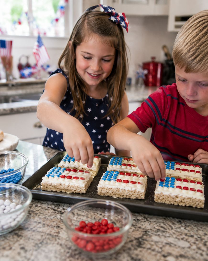 Two children decorate rice crispy treats with red, white, and blue candies in a kitchen. The treats are arranged on a tray, and bowls of colored candies are in the foreground, with patriotic decorations in the background.