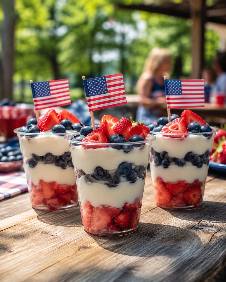 Three clear cups filled with layers of strawberries, blueberries, and creamy yogurt, each topped with a small American flag, sit on a wooden table outdoors with people and greenery in the background.
